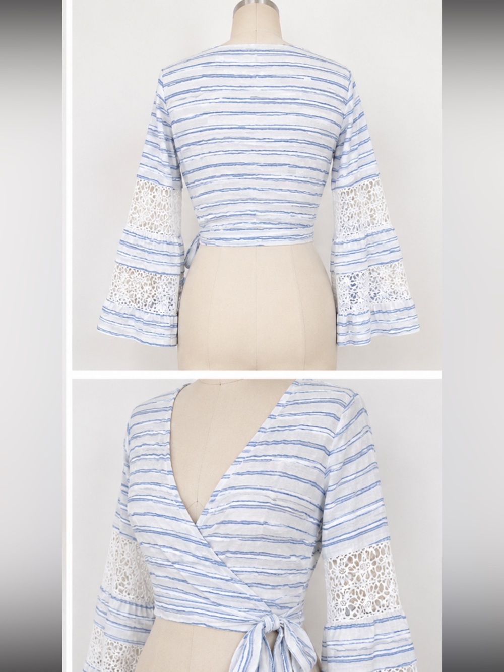 Hayden Striped Wrap Tie Top with Crochet Bell Sleeves NWT Size L - Picture 2 of 5